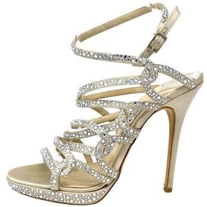 JIMMY CHOO CRYSTAL AZIA STYLE CRYSTAL EMBELLISHMENT GOLD SATIN SANDALS HEELS 41